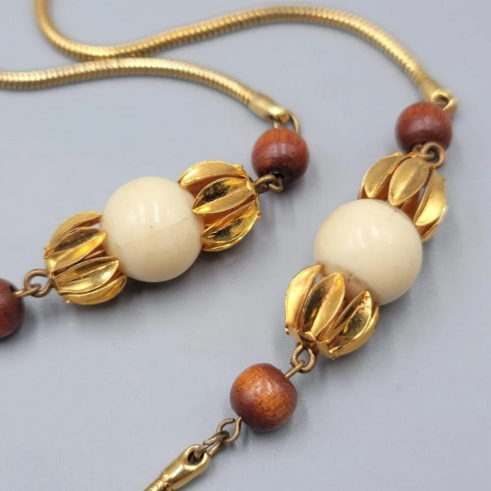 Vintage Long Station Wood Bead Necklace Snake Chain 34" Estate Costume Jewelry - Picture 3 of 8